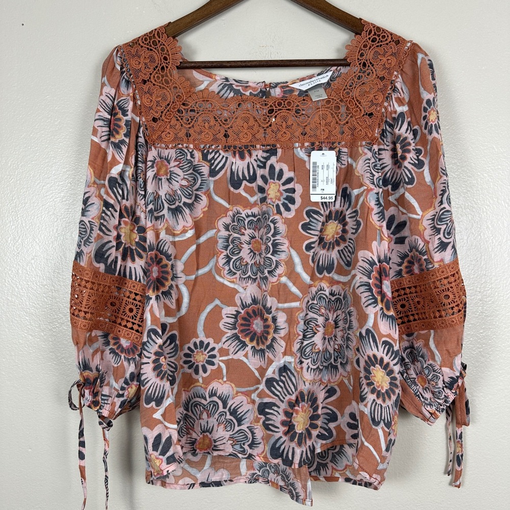 Christopher & Banks Women‎ PM Blouse Orange Floral Crochet Lace Boho Top A482936